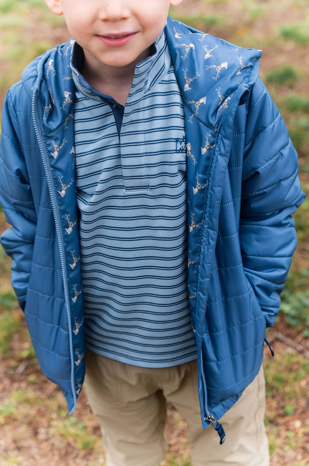 Hooded Puffer Jacket, Blue with Deer Head Printed Liner