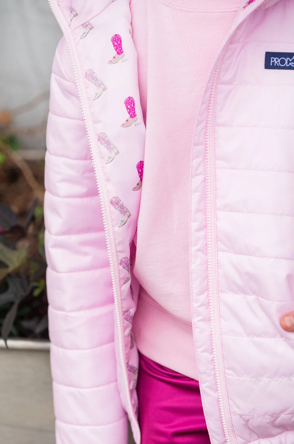 Hooded Puffer Jacket, Pink with Cowboy Print Liner