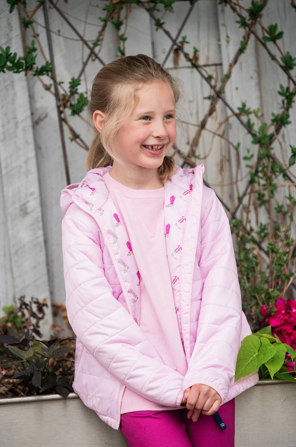 Hooded Puffer Jacket, Pink with Cowboy Print Liner