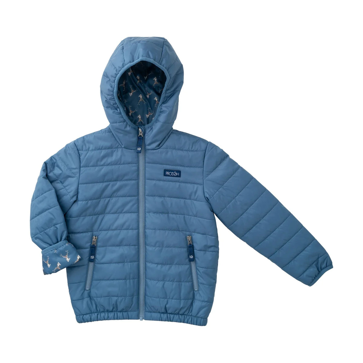 Hooded Puffer Jacket, Blue with Deer Head Printed Liner