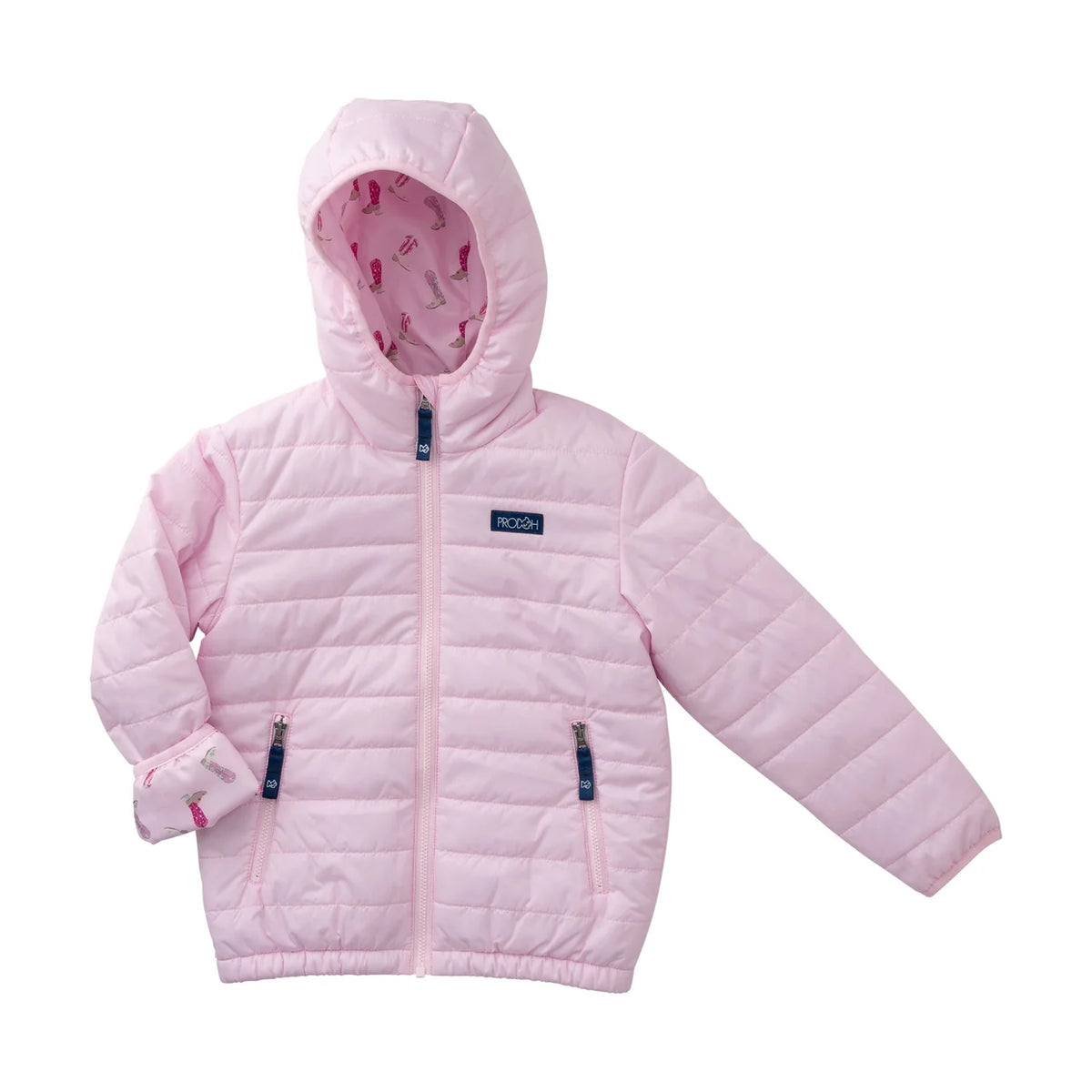 Hooded Puffer Jacket, Pink with Cowboy Print Liner