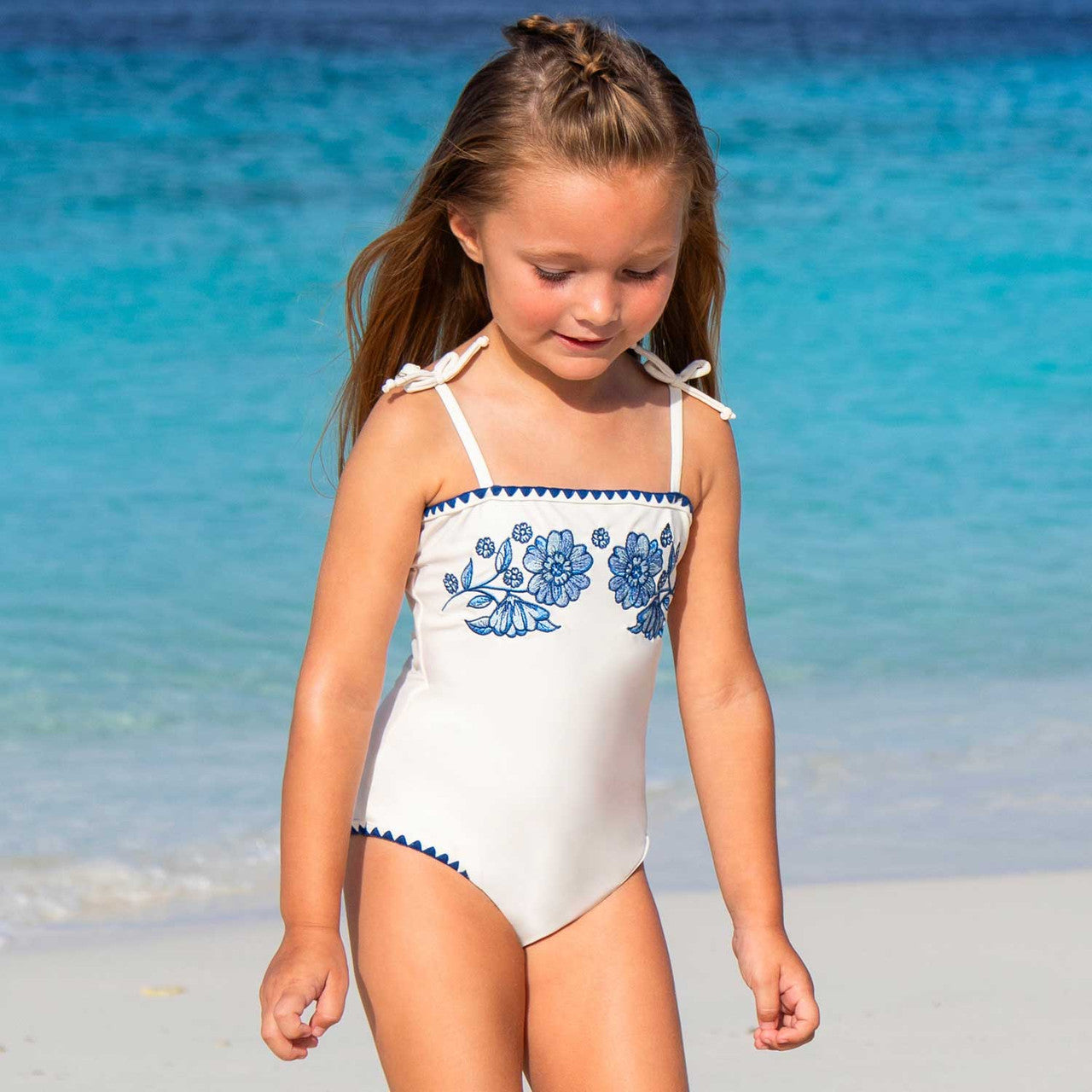 Embroidered Swimsuit, White & Navy