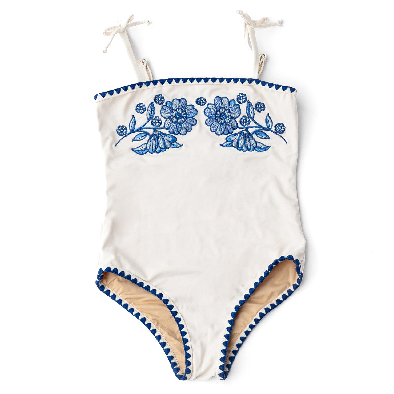 Embroidered Swimsuit, White & Navy