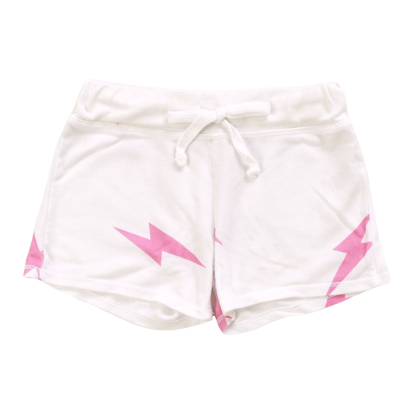 Drawstring Shorts, White w/Pink Bolts