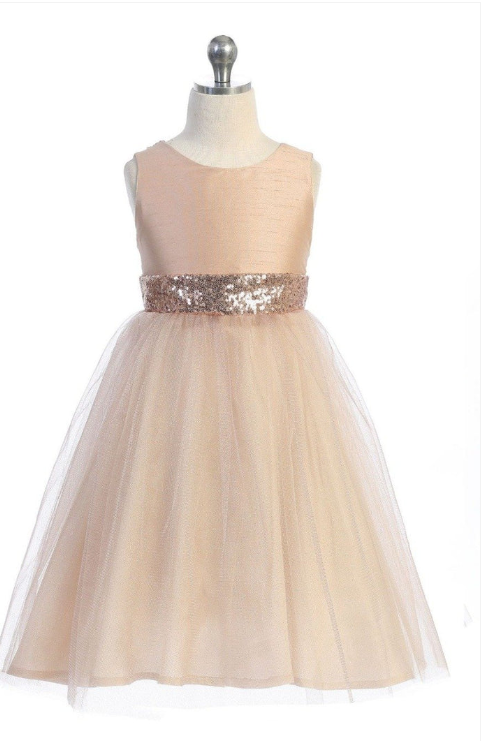 V-Back & Bow Dress, Blush/Rose Gold Sequins