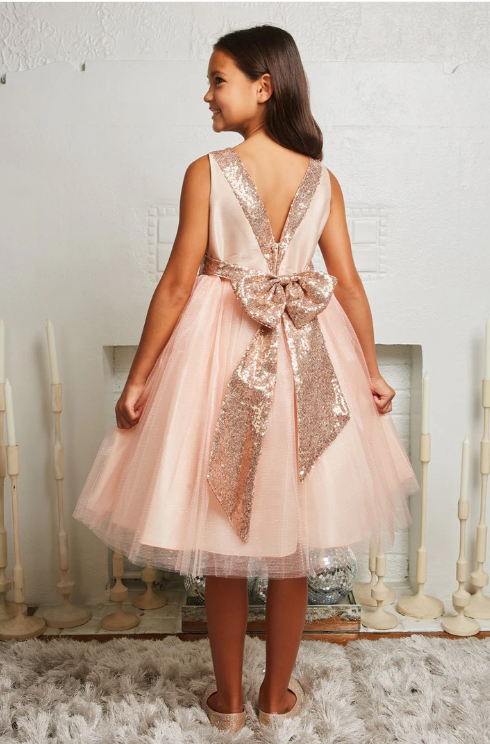 V-Back & Bow Dress, Blush/Rose Gold Sequins
