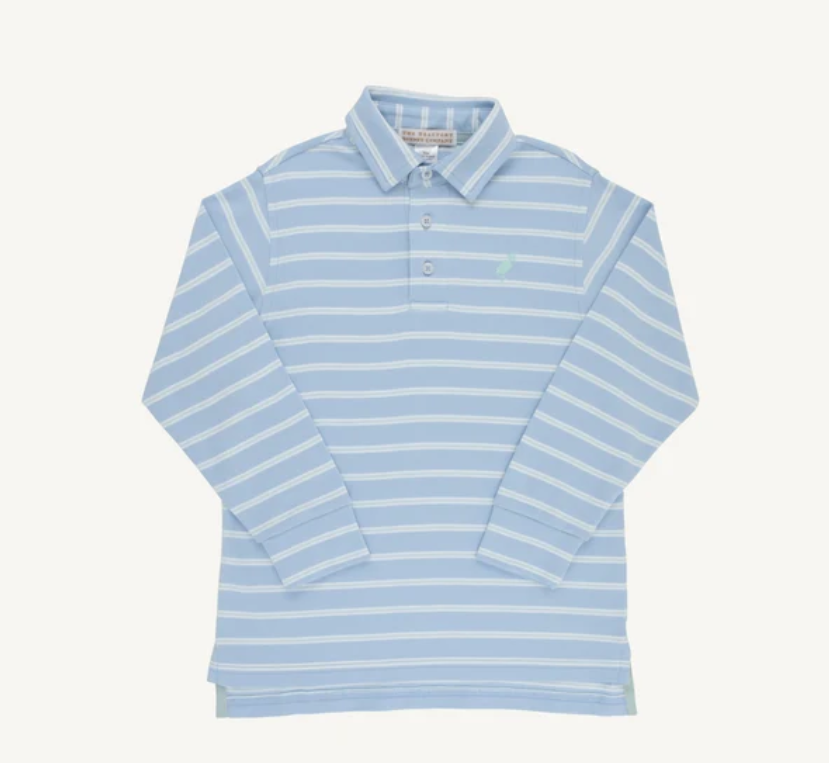 L/S Prim & Proper Polo and Onesie, Saratoga Sky, Worth Avenue White and Old Greenwich Green Stripe