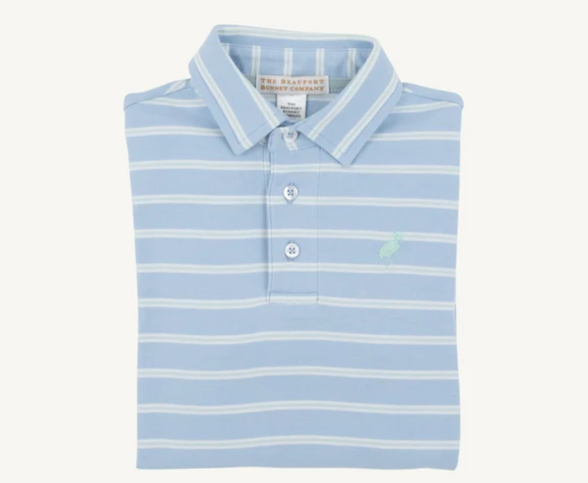 L/S Prim & Proper Polo and Onesie, Saratoga Sky, Worth Avenue White and Old Greenwich Green Stripe