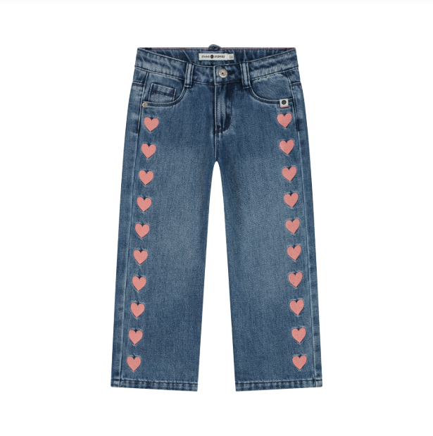 Wide Leg Denim Heart Pants, Mid Blue