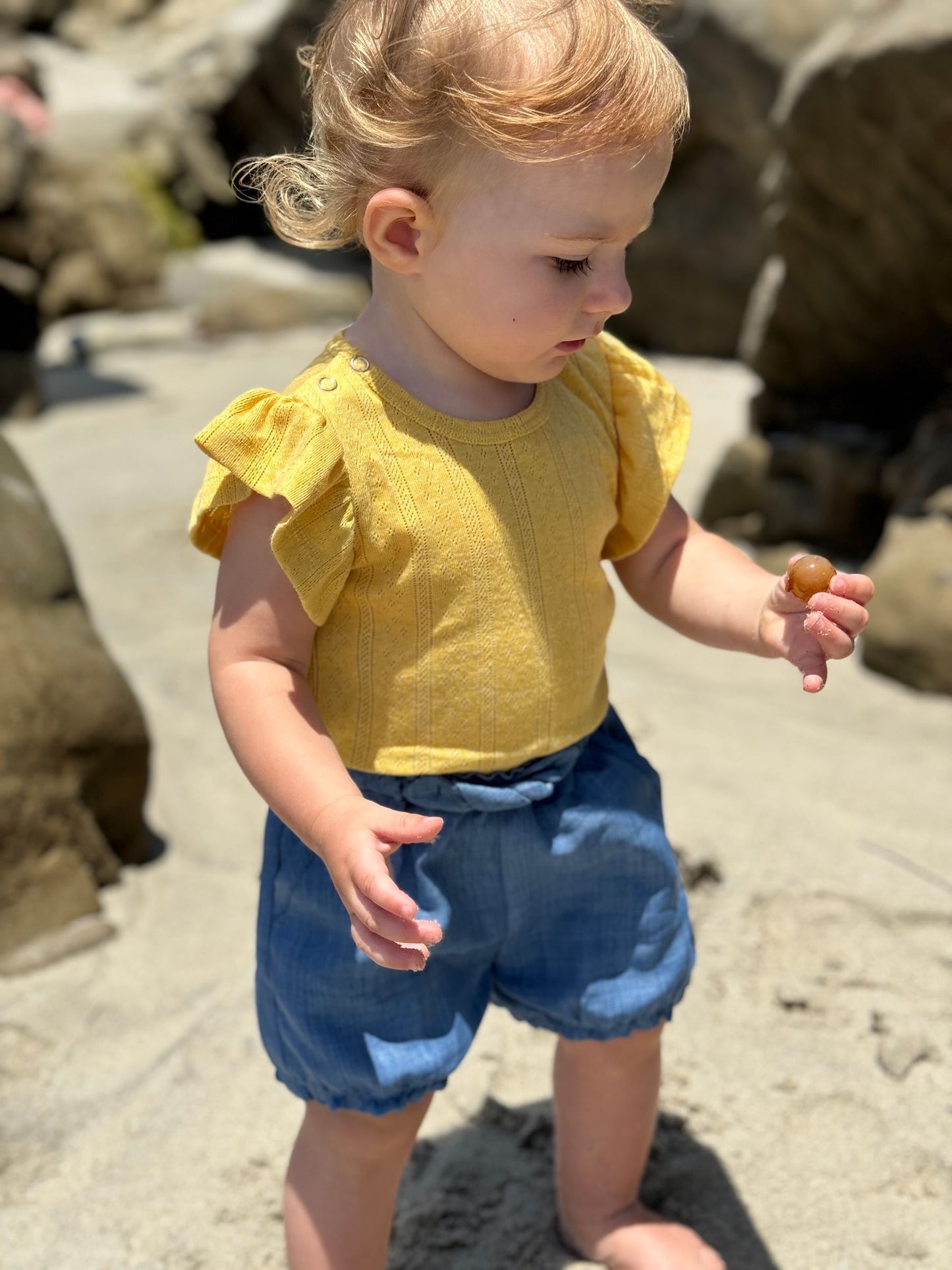 Wren Flutter Sleeve Onesie, Yellow Pointelle