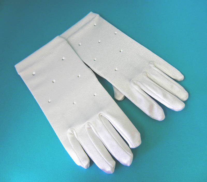 Satin Gloves w/Crystals, White