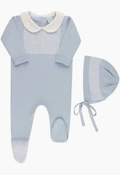 Jacquard Collared Knit Romper & Bonnet, Powder Blue