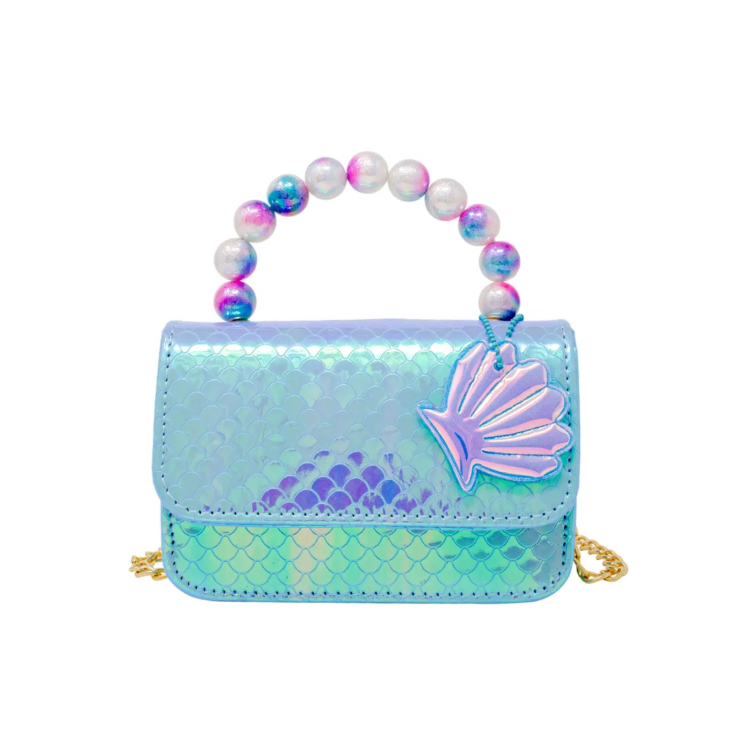 Mermaid Pearl Handle Seashell Bag, Blue