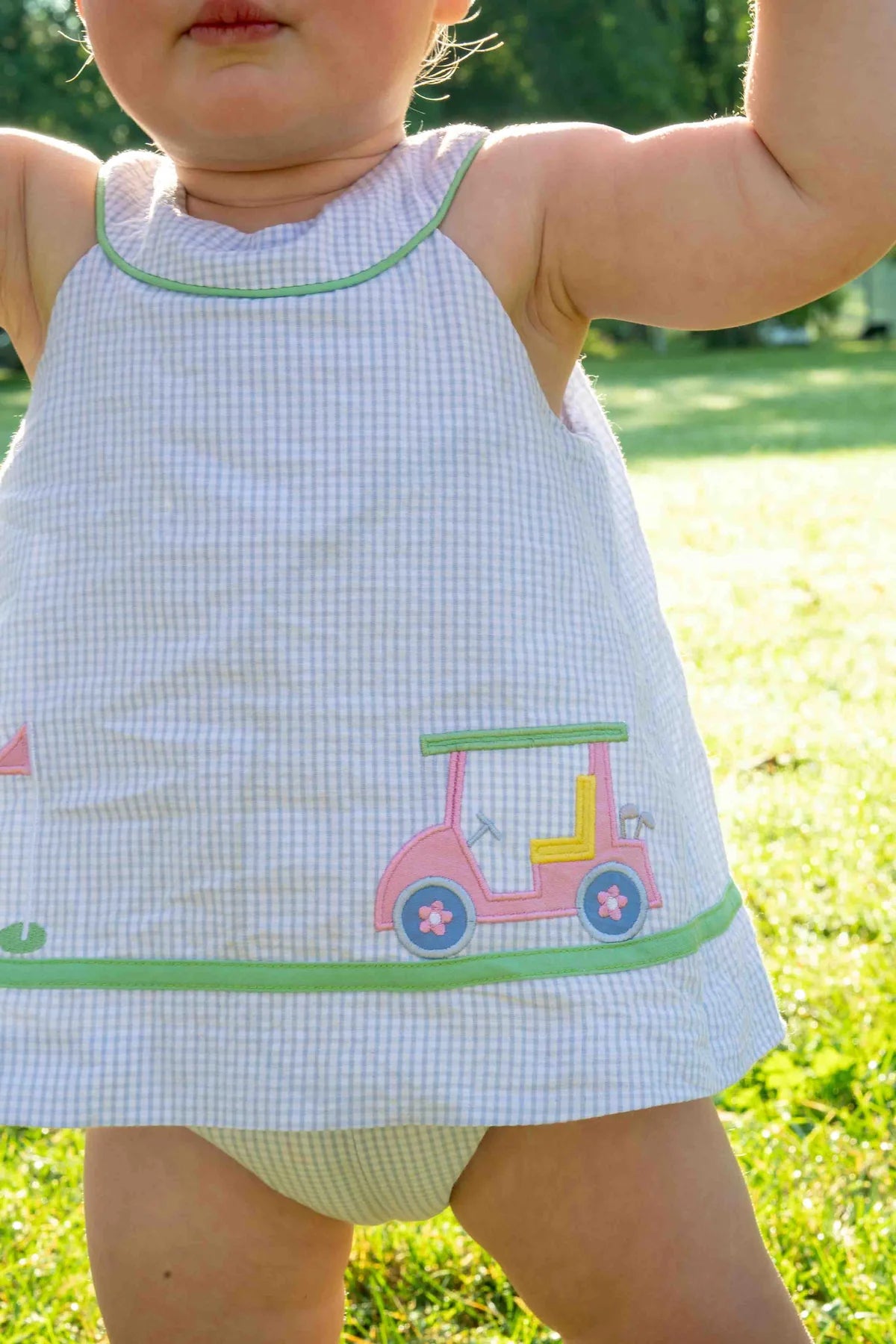 Check Seersucker Skirted Romper w/Golf Cart