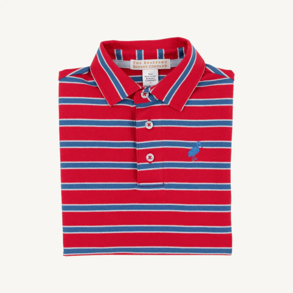 S/S Prim & Proper Polo & Onesie, Red/Blue Stripe