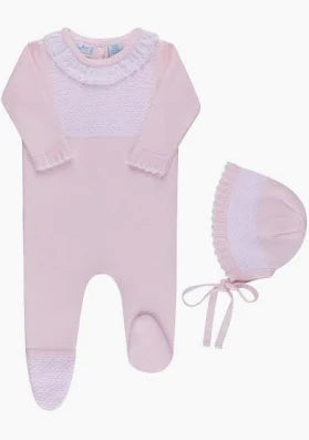 Jacquard Ruffled Knit Romper & Bonnet, Pink
