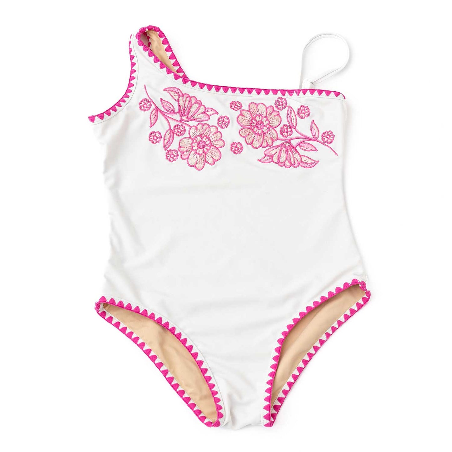 One Shoulder Embroidered Swimsuit, White/Pink