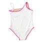 One Shoulder Embroidered Swimsuit, White/Pink