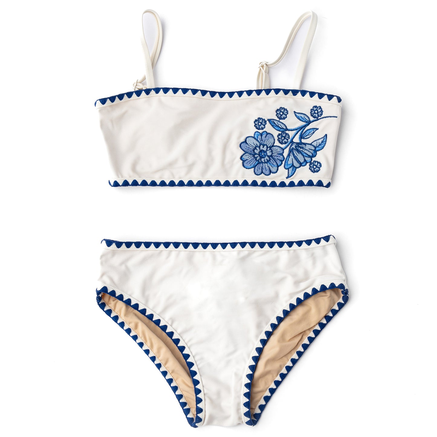 Two Piece Embroidered Swimsuit, White & Navy