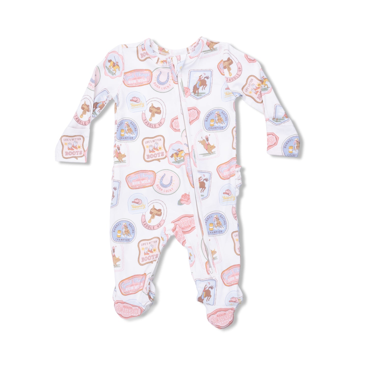 Ruffle Back Zipper Footie, Rodeo Patches, Pink