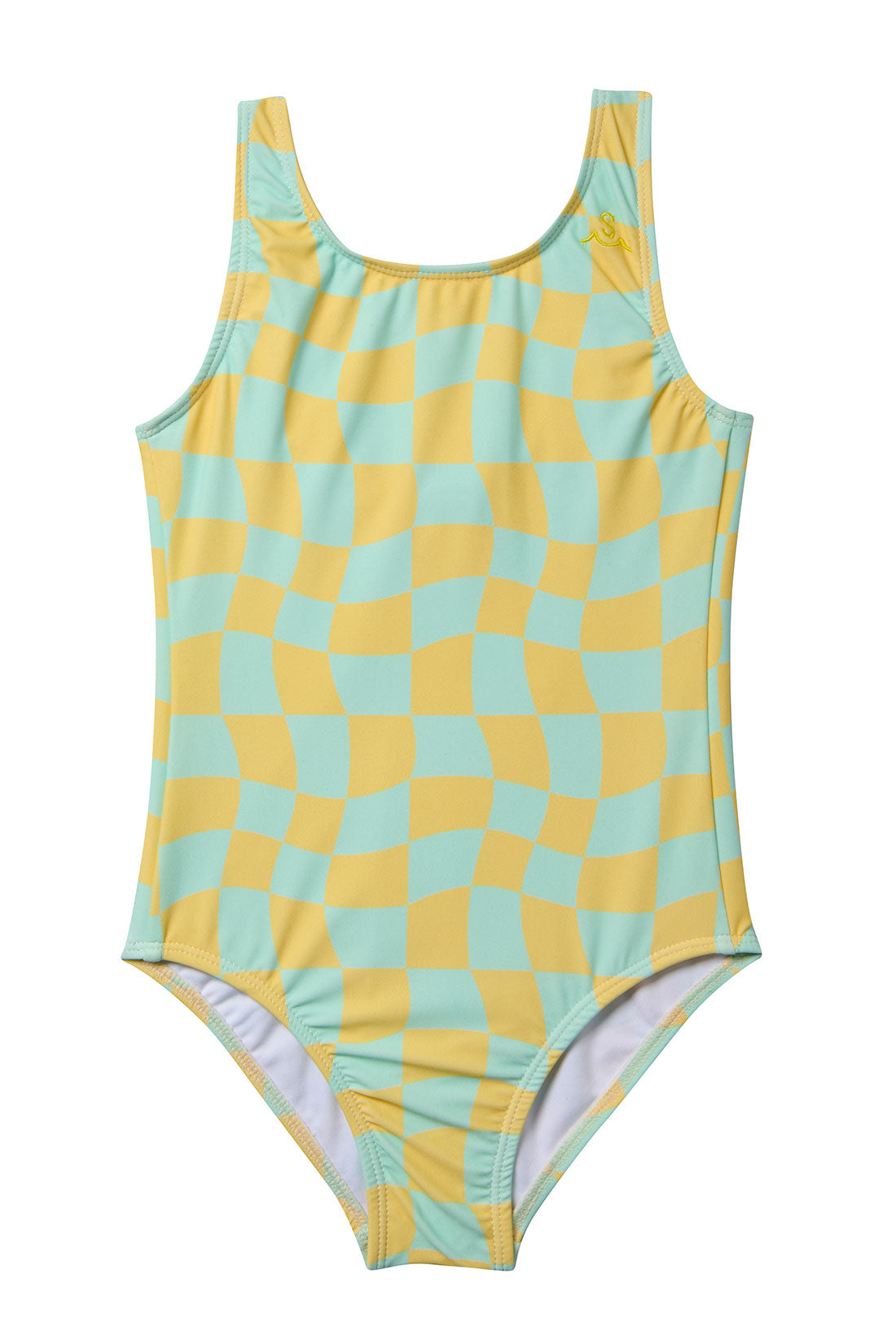 One-Piece Swimsuit, Wavy Checks in Lemon