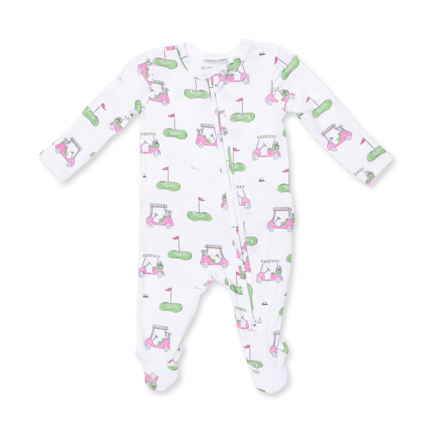 Ruffle Zip Footie, Gold Carts Pink