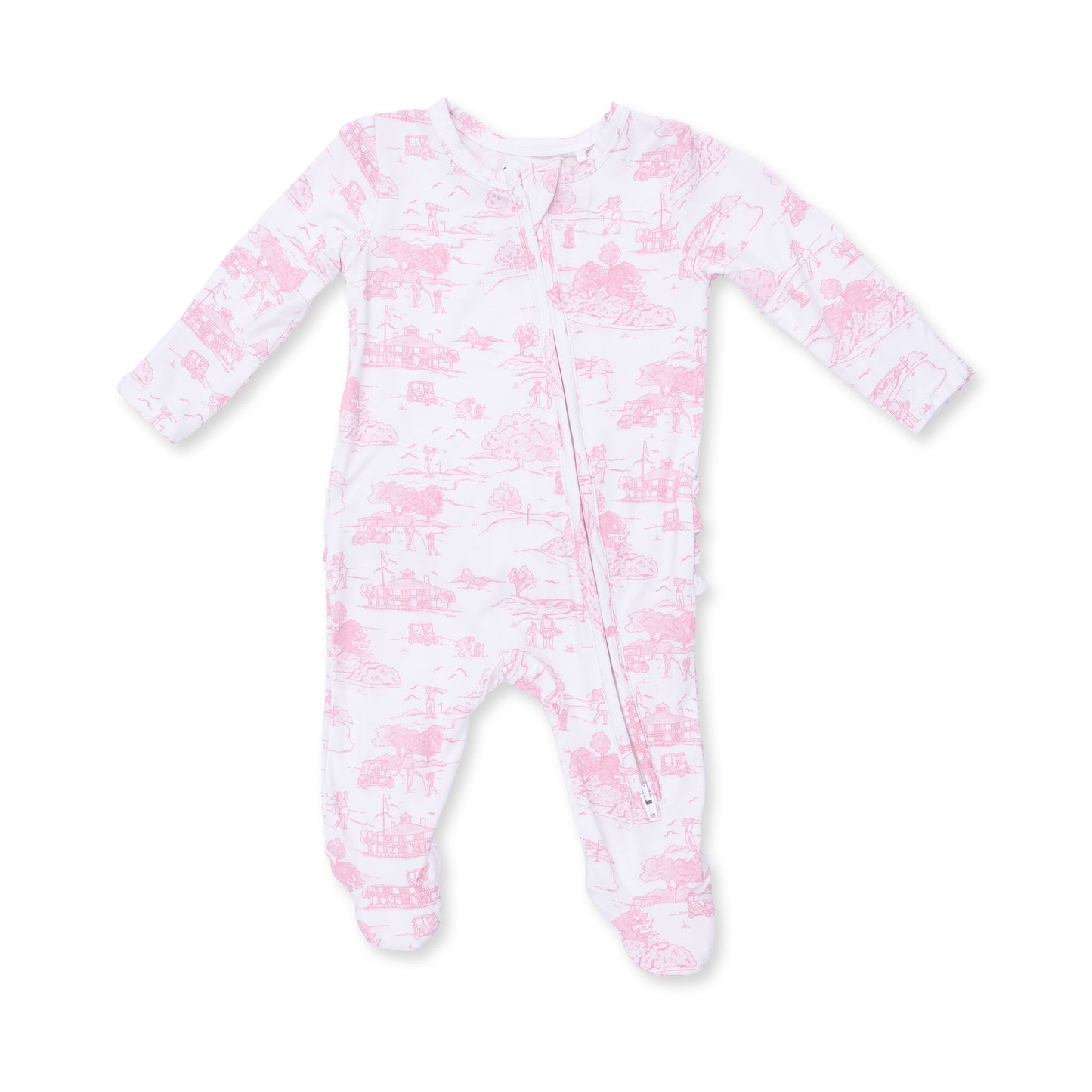 Ruffle Zip Footie, Gold Toile Pink