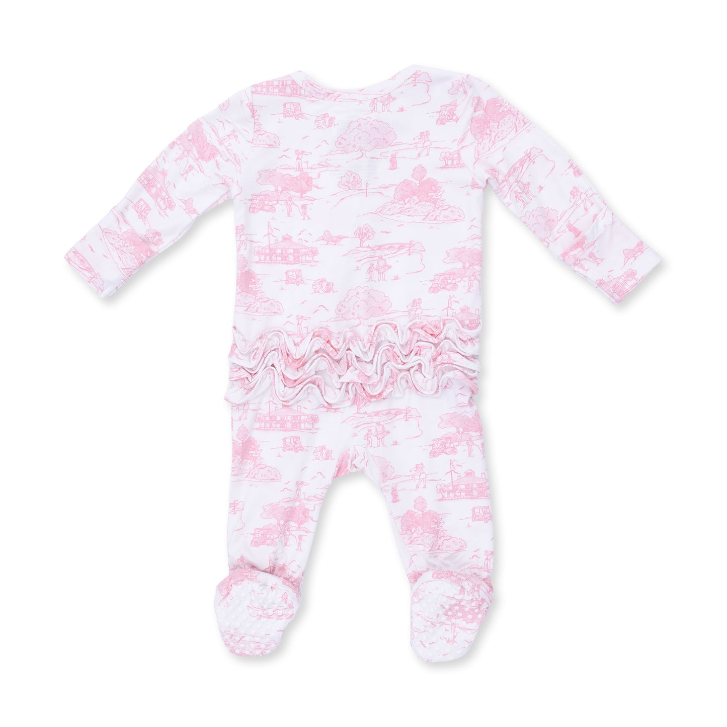 Ruffle Zip Footie, Gold Toile Pink