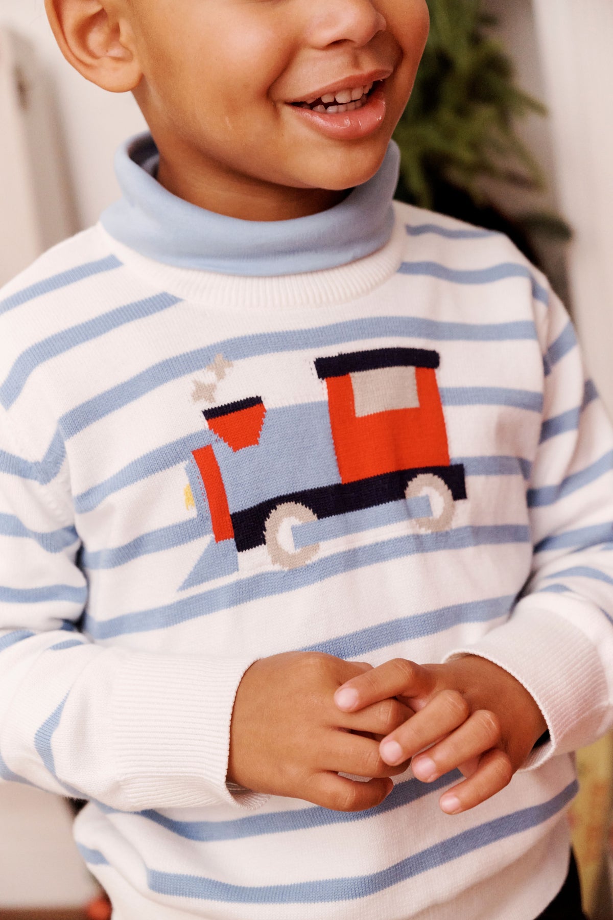 Isaac's Intarsia Sweater, Barrington Blue Stripe w/Train