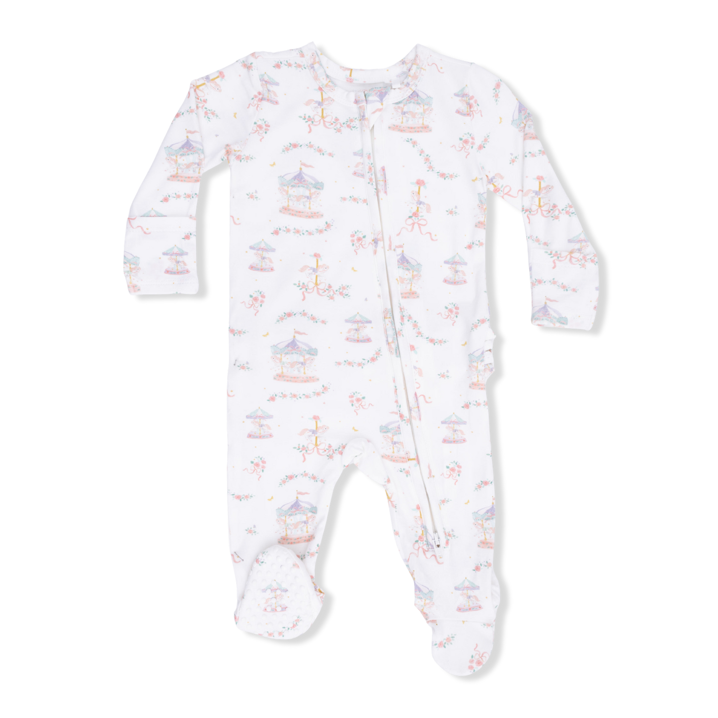 Ruffle Back Zipper Footie, Carousel w/Bows